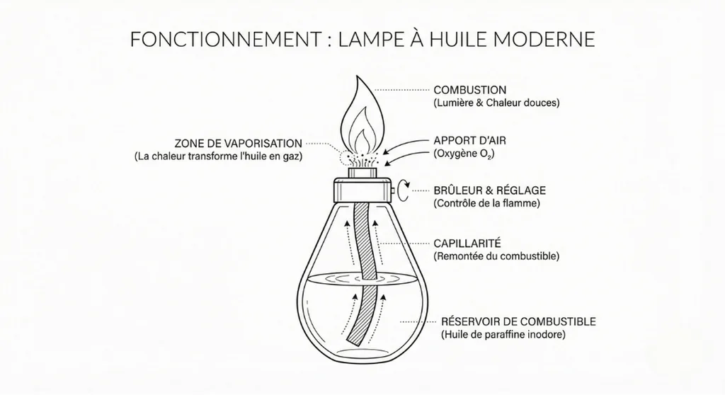 Fonctionnement de la lampe à huile - infographie