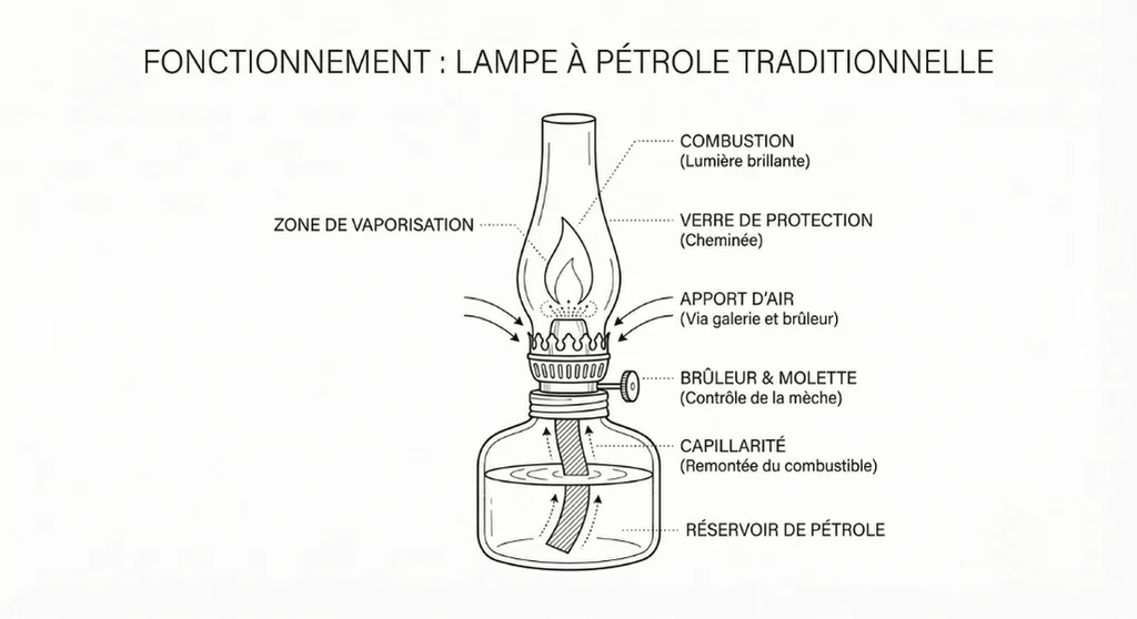 Fonctionnement de la lampe à pétrole - infographie