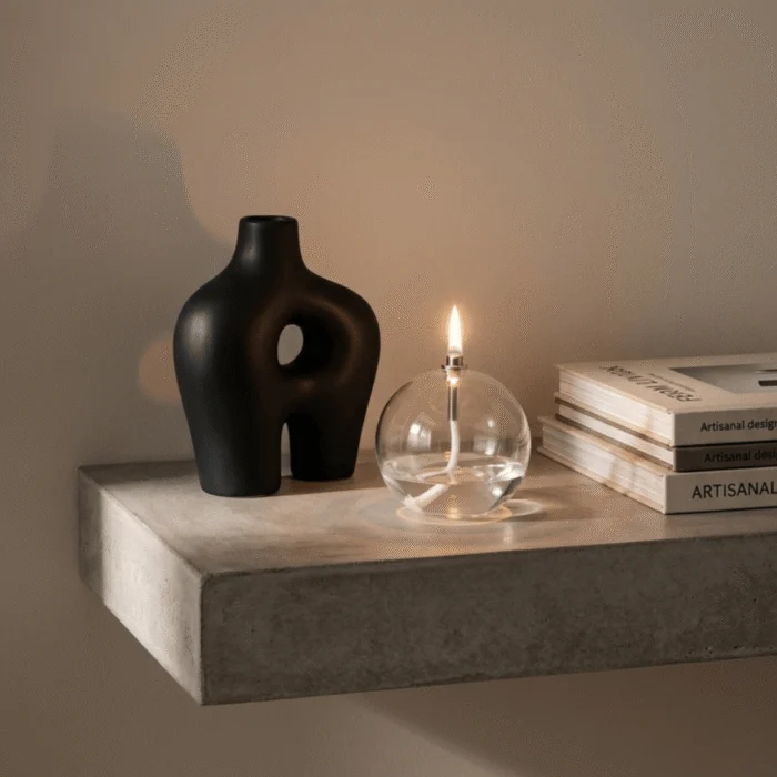 Lampe à huile en verre ronde sur une console