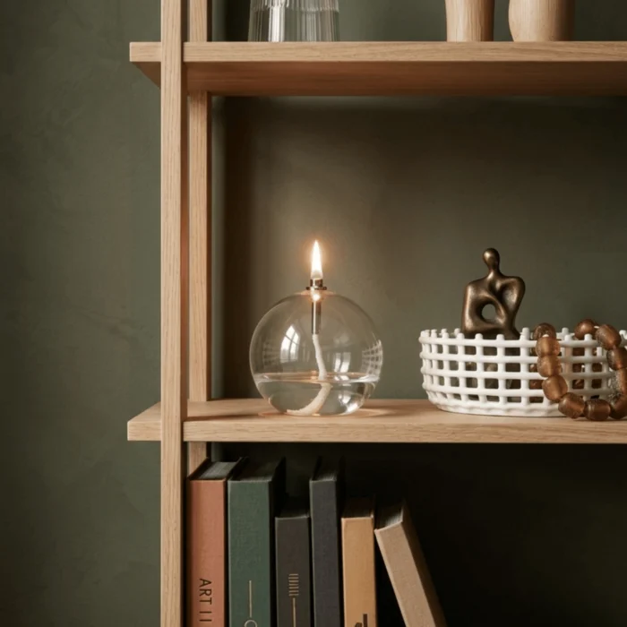 Lampe à huile ronde sur une étagère