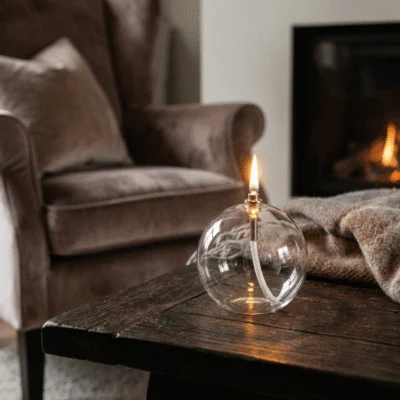 Lampe à huile transparent ronde Kroma dans un salon sur une table