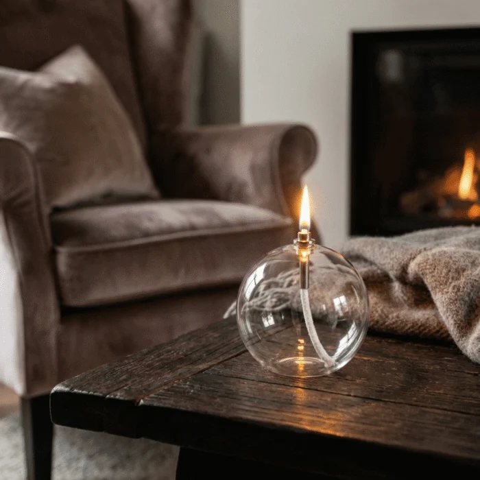 Lampe à huile transparent ronde Kroma dans un salon sur une table