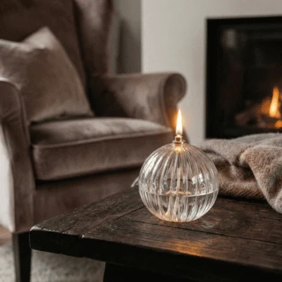 Lampe huile striée Kroma sur une table